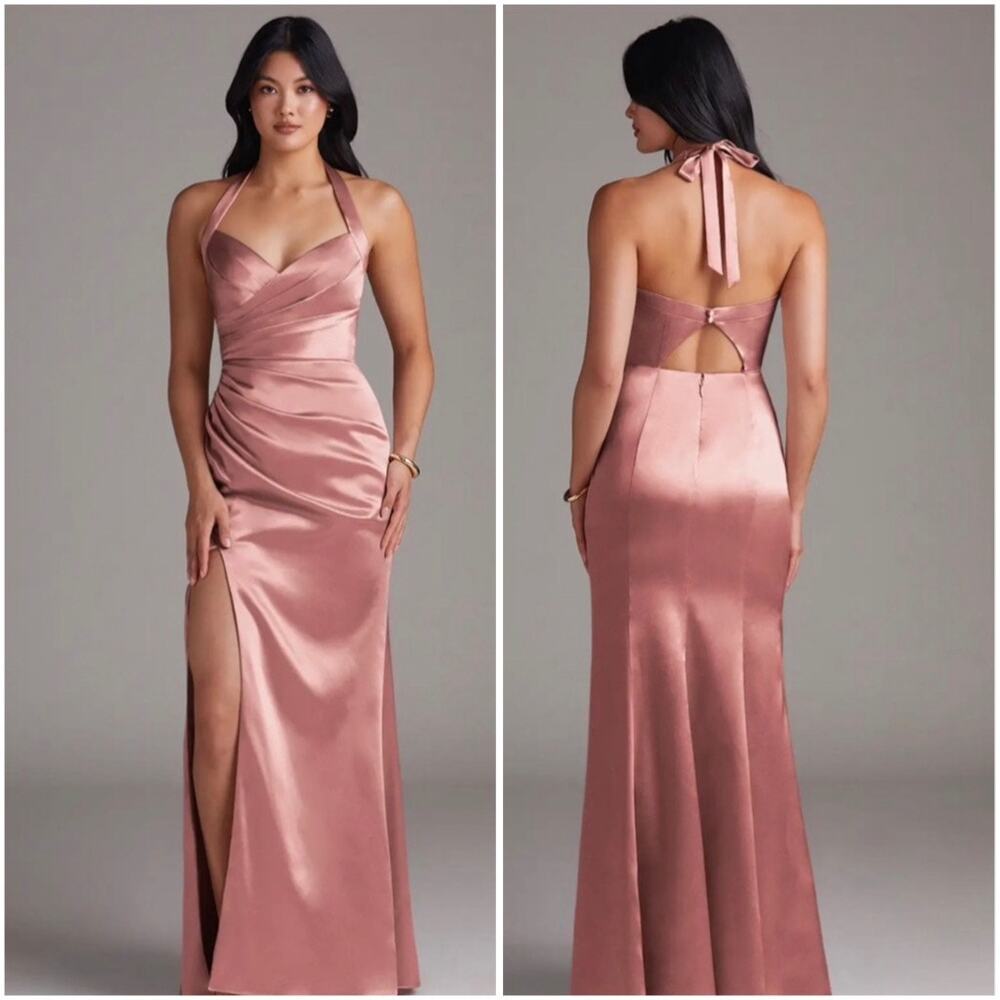 AZAZIE Emeria Mermaid Pleated Metallic Satin Maxi Dress Halter Bridesmaid Gown